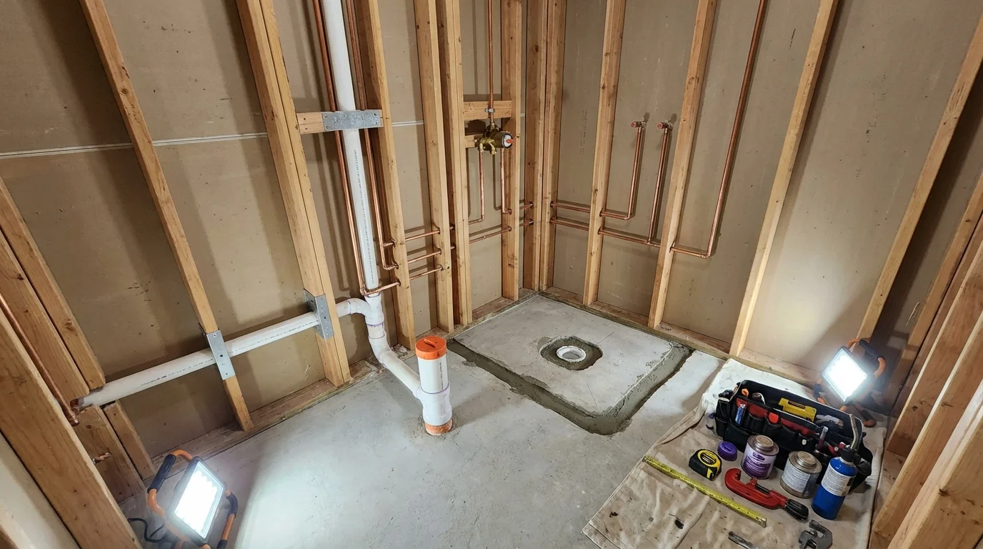 Bathroom rough-in plumbing during remodel by Johns Plumbing LLC in Mont Alto