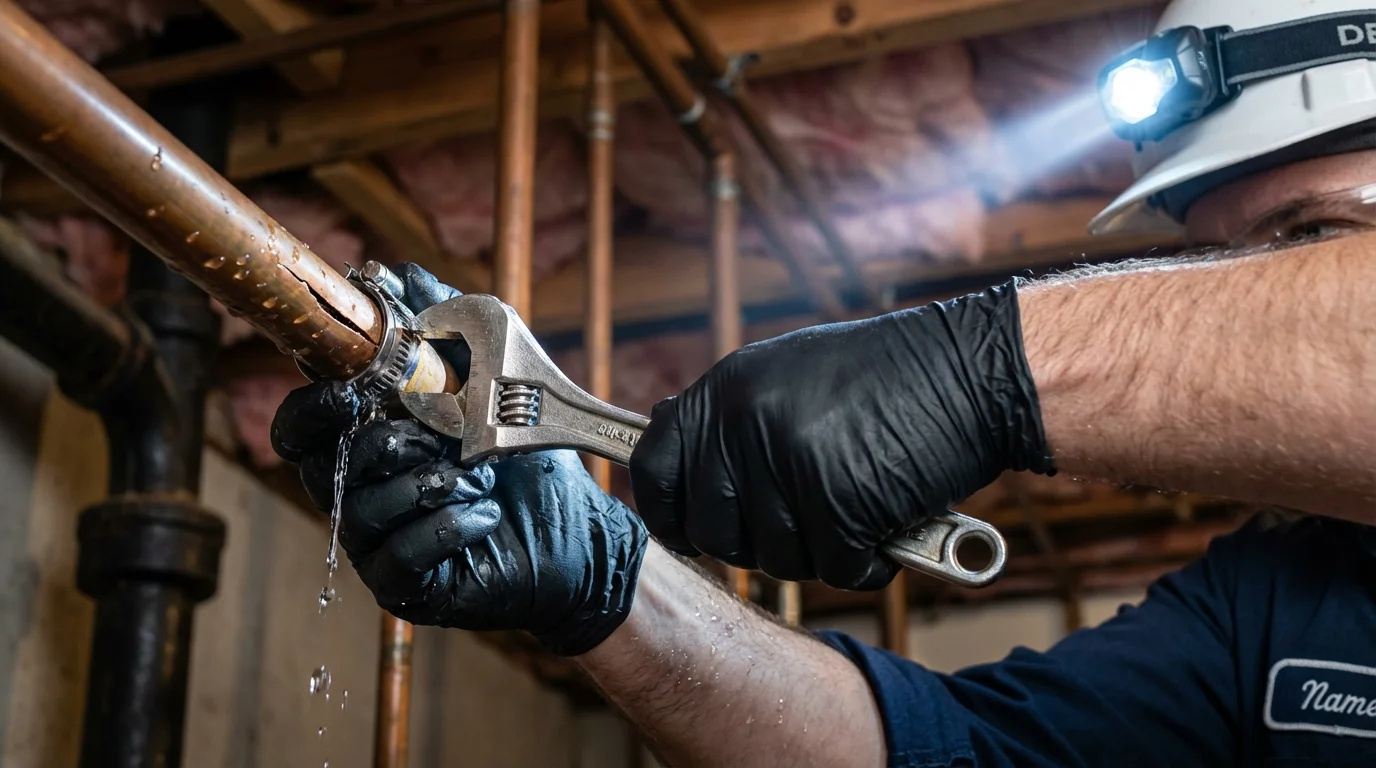 Emergency pipe clamp repair being performed by a Johns Plumbing LLC plumber in Mont Alto