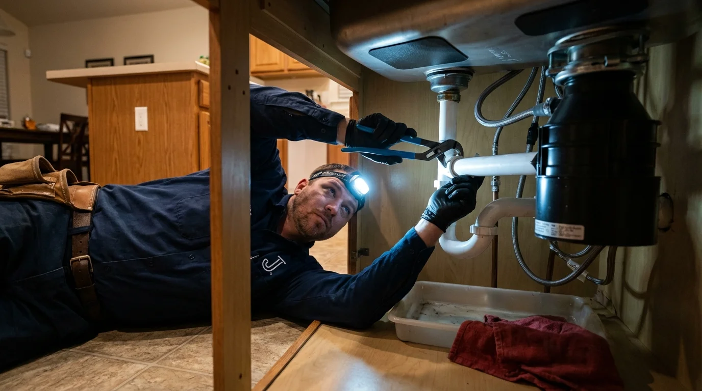 P-trap and supply line connections under a kitchen sink showing a common leak point in Mont Alto, PA